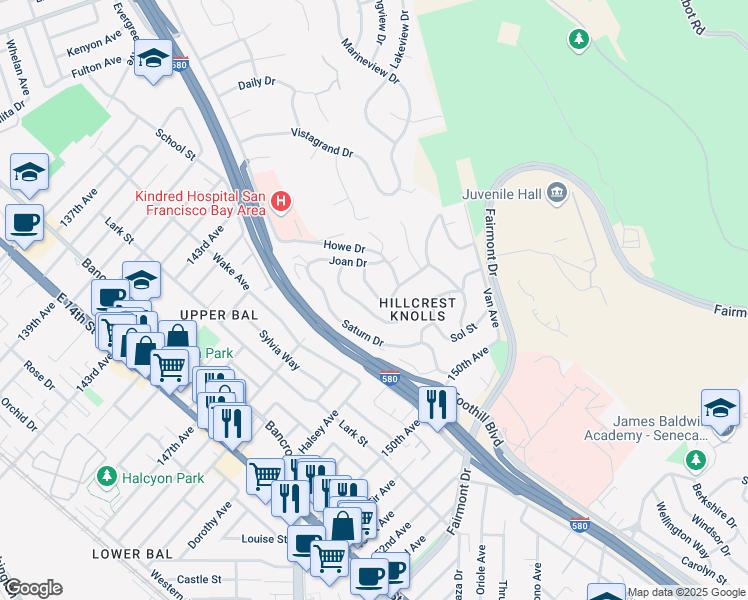 map of restaurants, bars, coffee shops, grocery stores, and more near 2055 Altamont Road in San Leandro