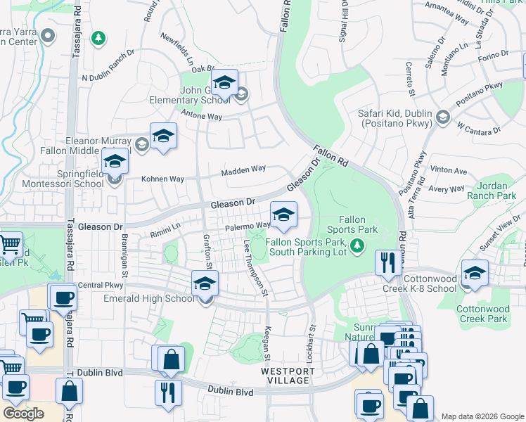map of restaurants, bars, coffee shops, grocery stores, and more near 3206 Vittoria Loop in Dublin