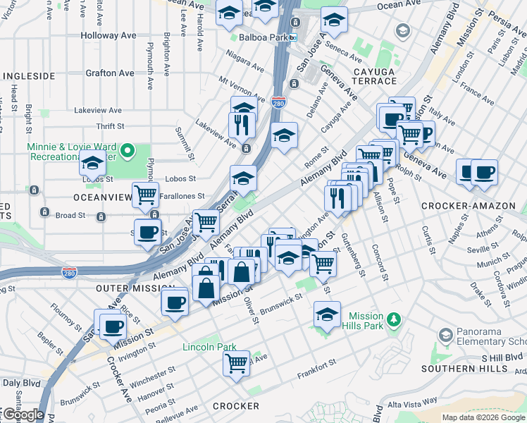 map of restaurants, bars, coffee shops, grocery stores, and more near 2 Moneta Court in San Francisco