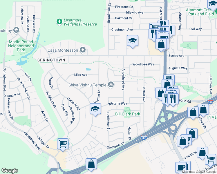 map of restaurants, bars, coffee shops, grocery stores, and more near 1232 Arrowhead Avenue in Livermore