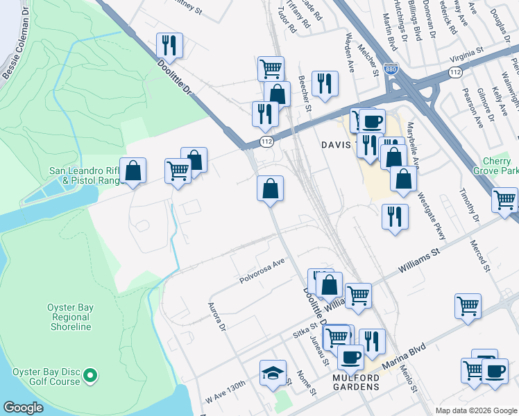 map of restaurants, bars, coffee shops, grocery stores, and more near 1431 Doolittle Drive in San Leandro