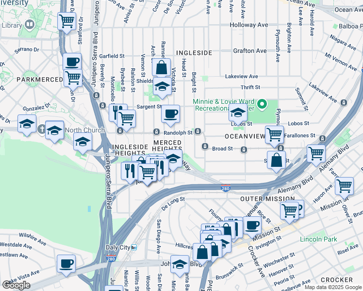 map of restaurants, bars, coffee shops, grocery stores, and more near 323 Head Street in San Francisco