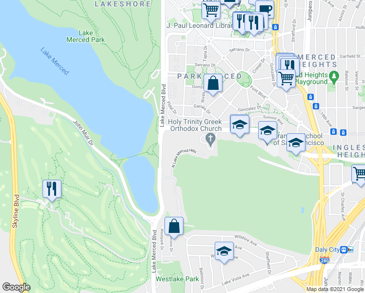 map of restaurants, bars, coffee shops, grocery stores, and more near 200 North Lake Merced Hills in San Francisco
