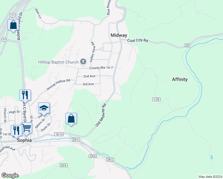 map of restaurants, bars, coffee shops, grocery stores, and more near in Midway