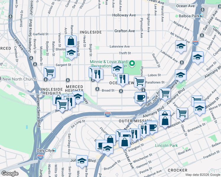 map of restaurants, bars, coffee shops, grocery stores, and more near 227 Broad Street in San Francisco