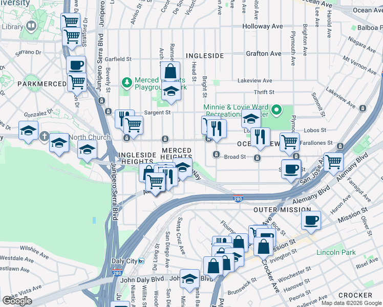 map of restaurants, bars, coffee shops, grocery stores, and more near 323 Head Street in San Francisco
