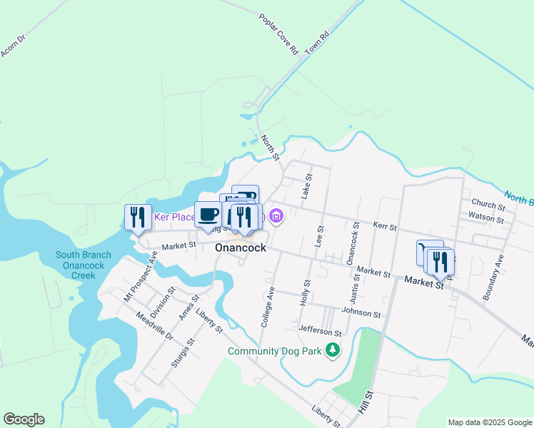 map of restaurants, bars, coffee shops, grocery stores, and more near 1-99 Crockett Avenue in Onancock