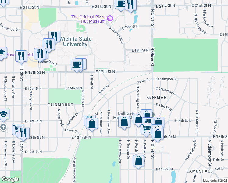 map of restaurants, bars, coffee shops, grocery stores, and more near 1634 North Belmont Place in Wichita