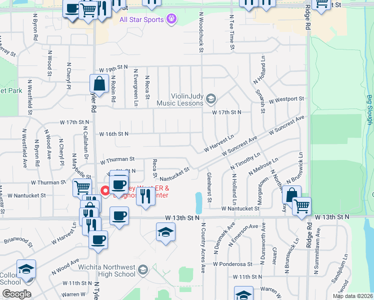 map of restaurants, bars, coffee shops, grocery stores, and more near 8401-8415 West Thurman Street in Wichita