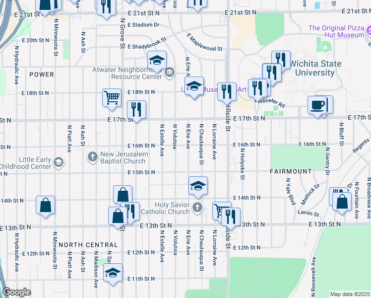 map of restaurants, bars, coffee shops, grocery stores, and more near 1638 North Erie Street in Wichita