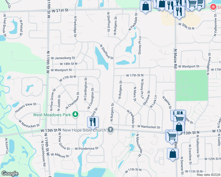 map of restaurants, bars, coffee shops, grocery stores, and more near 1628 North Parkdale Street in Wichita