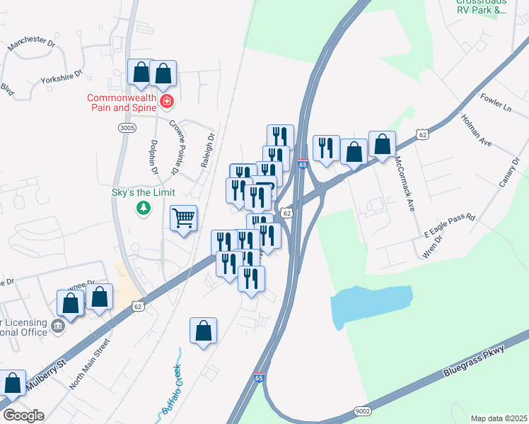 map of restaurants, bars, coffee shops, grocery stores, and more near 111 The Loop in Elizabethtown