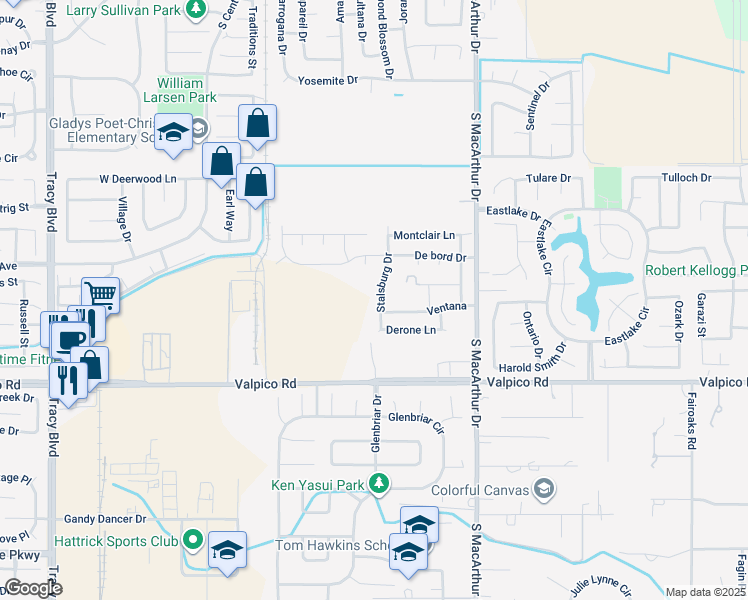 map of restaurants, bars, coffee shops, grocery stores, and more near 2417 Stalsburg Drive in Tracy