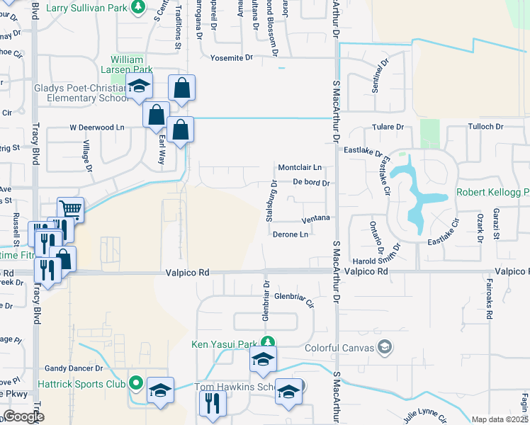 map of restaurants, bars, coffee shops, grocery stores, and more near 2417 Stalsburg Drive in Tracy