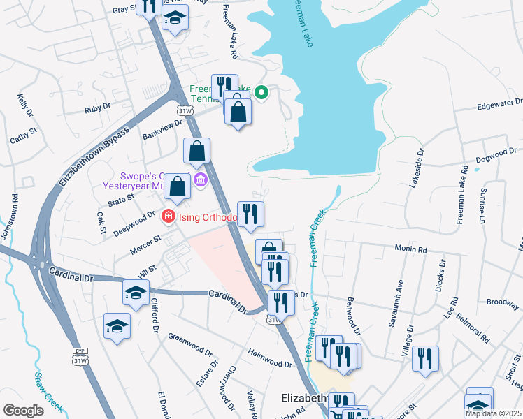 map of restaurants, bars, coffee shops, grocery stores, and more near Heartland Drive in Elizabethtown