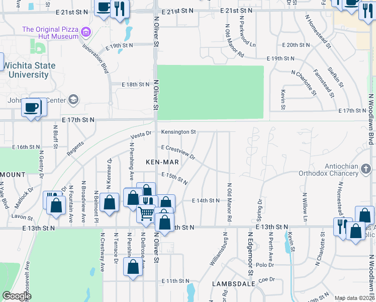 map of restaurants, bars, coffee shops, grocery stores, and more near 1651-1699 Floberta Street in Wichita