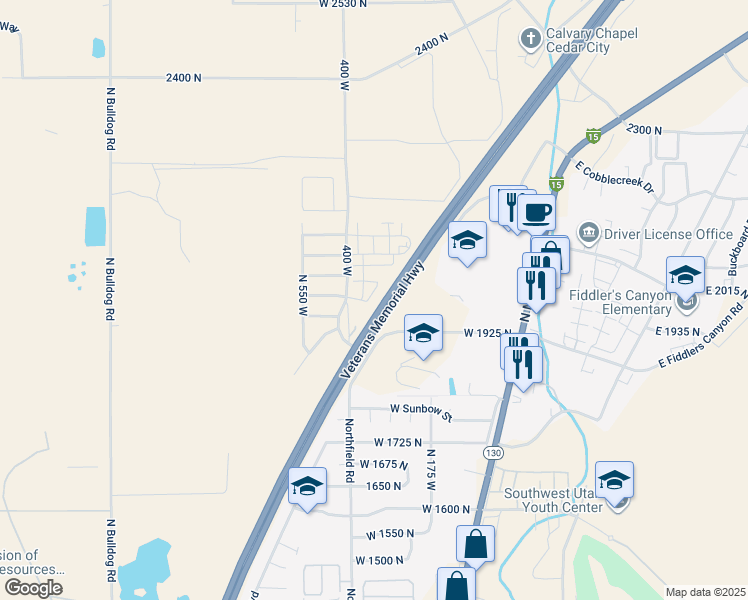 map of restaurants, bars, coffee shops, grocery stores, and more near East Veterans Memorial Highway in Cedar City