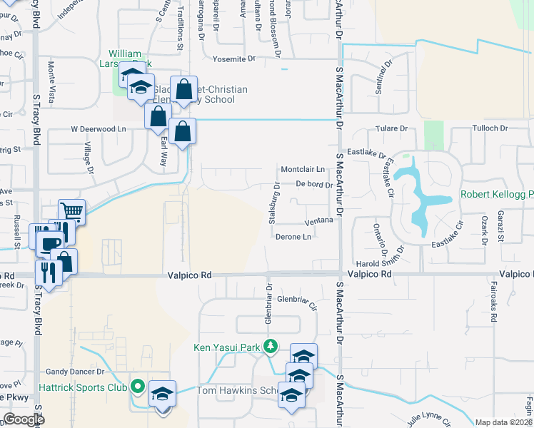 map of restaurants, bars, coffee shops, grocery stores, and more near 2477 Stalsburg Drive in Tracy