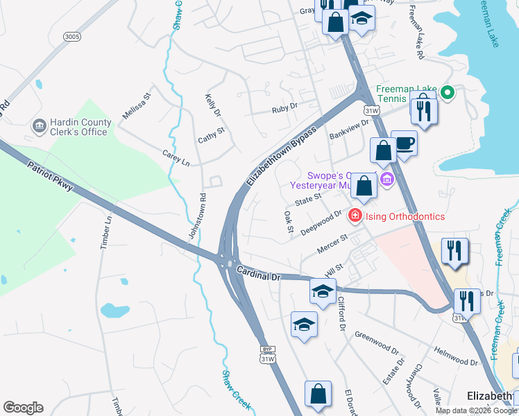 map of restaurants, bars, coffee shops, grocery stores, and more near 104 Cottage Circle in Elizabethtown