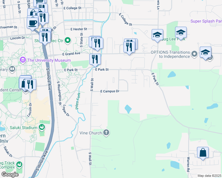 map of restaurants, bars, coffee shops, grocery stores, and more near 617 East Campus Drive in Carbondale