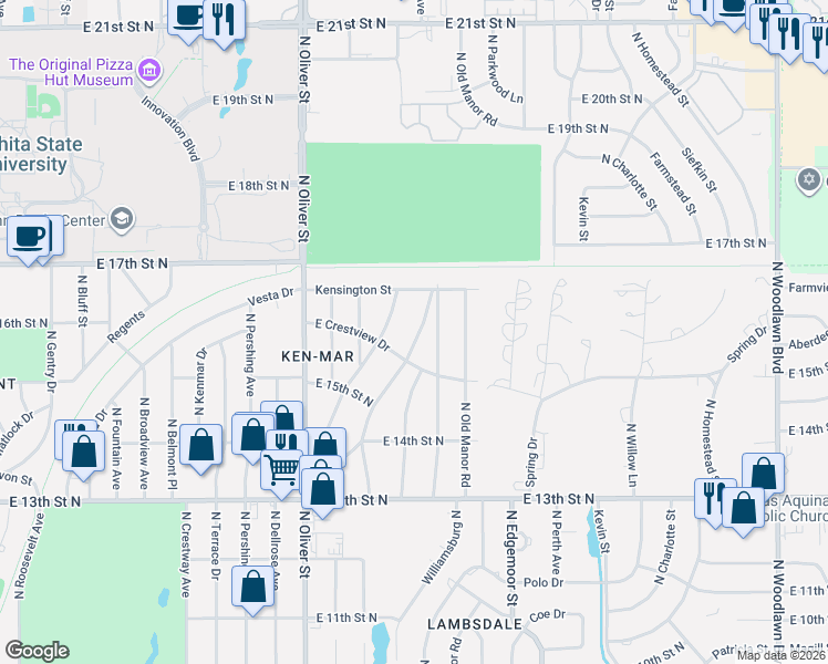 map of restaurants, bars, coffee shops, grocery stores, and more near 1709 North Northeast Parkway in Wichita