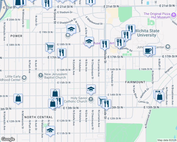 map of restaurants, bars, coffee shops, grocery stores, and more near 1638 North Erie Street in Wichita