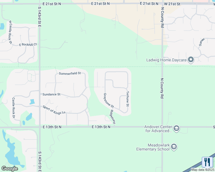 map of restaurants, bars, coffee shops, grocery stores, and more near Graystone in Wichita