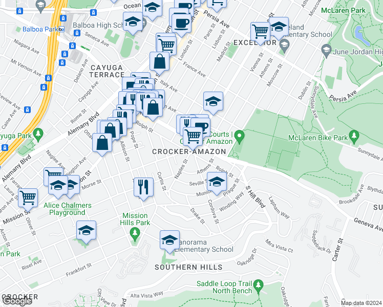 map of restaurants, bars, coffee shops, grocery stores, and more near Naples Street & Rolph Street in San Francisco