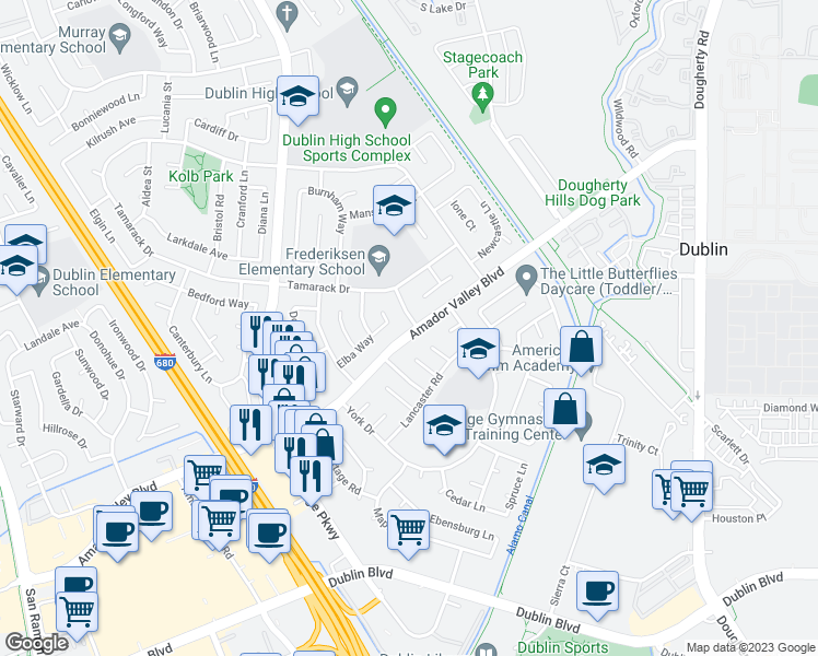 map of restaurants, bars, coffee shops, grocery stores, and more near 7182 Burton Street in Dublin