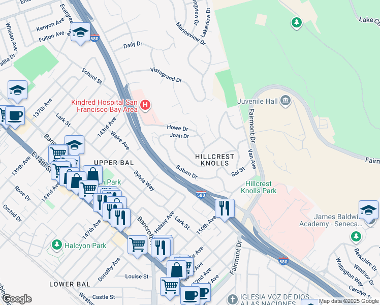 map of restaurants, bars, coffee shops, grocery stores, and more near 2049 Altamont Road in San Leandro