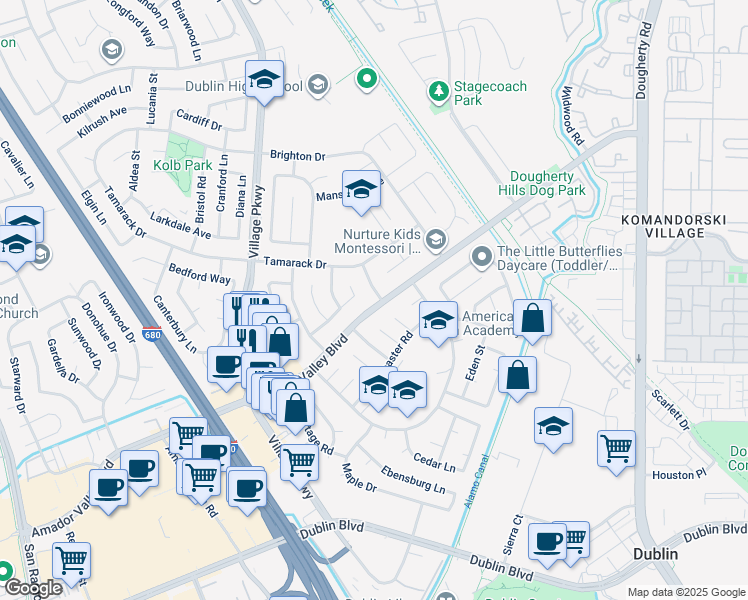 map of restaurants, bars, coffee shops, grocery stores, and more near 7182 Burton Street in Dublin