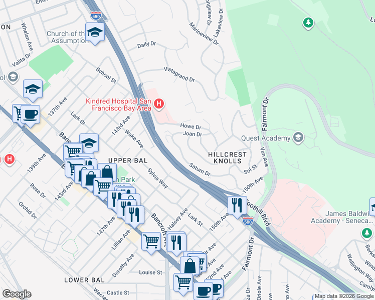 map of restaurants, bars, coffee shops, grocery stores, and more near 1947 Placer Drive in San Leandro