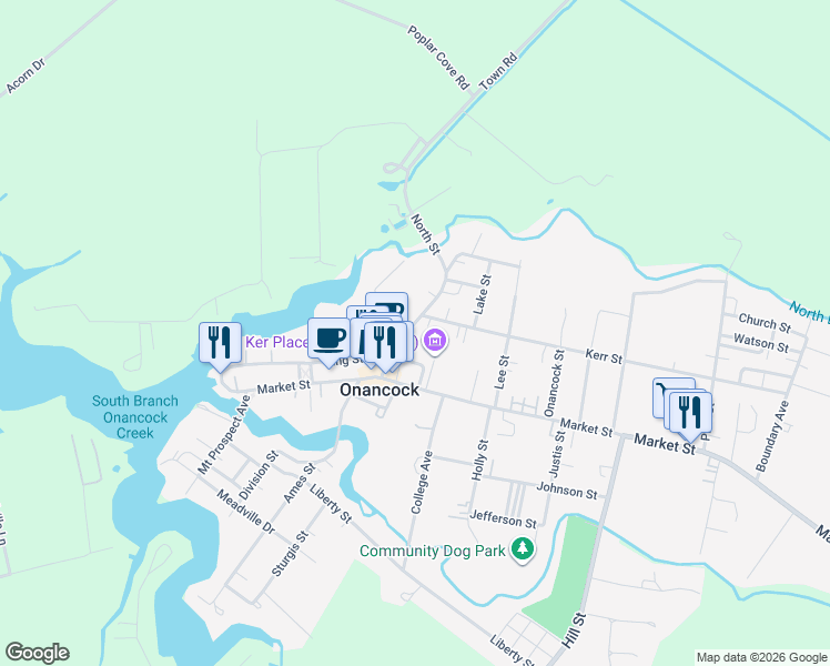 map of restaurants, bars, coffee shops, grocery stores, and more near 1-99 Crockett Avenue in Onancock