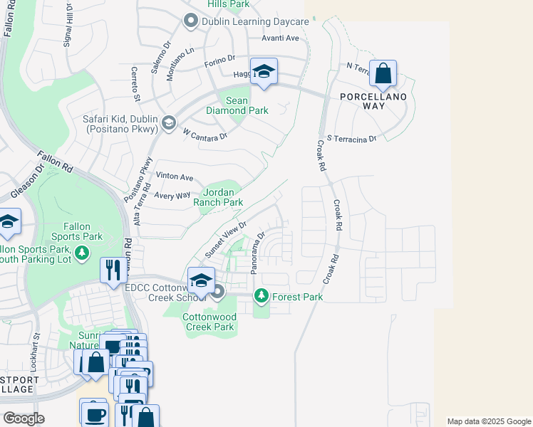 map of restaurants, bars, coffee shops, grocery stores, and more near 4439 Sunset View Drive in Dublin