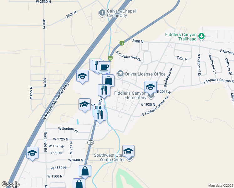 map of restaurants, bars, coffee shops, grocery stores, and more near 173 East Fiddlers Canyon Road in Cedar City