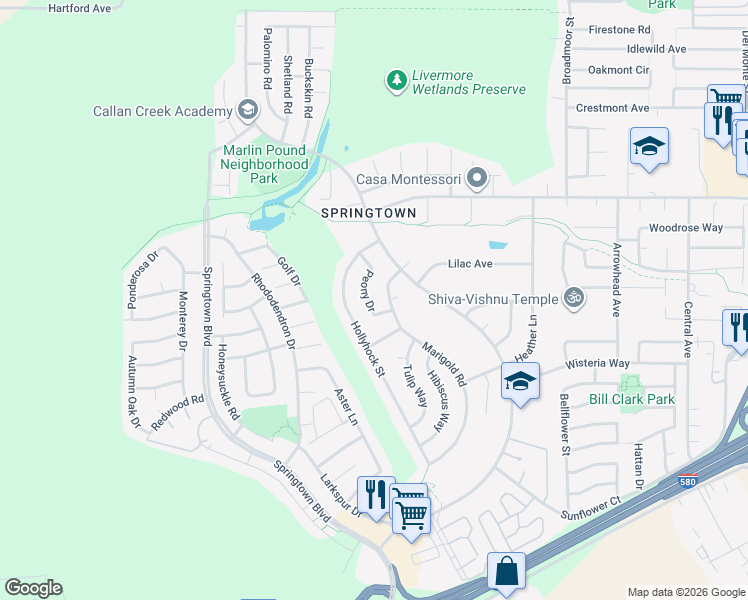 map of restaurants, bars, coffee shops, grocery stores, and more near 1557 Hollyhock Street in Livermore