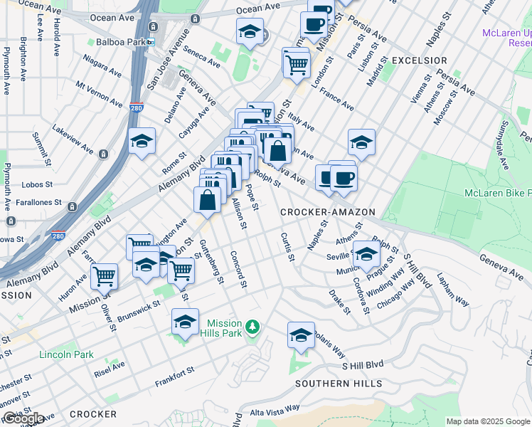 map of restaurants, bars, coffee shops, grocery stores, and more near 183 Pope Street in San Francisco