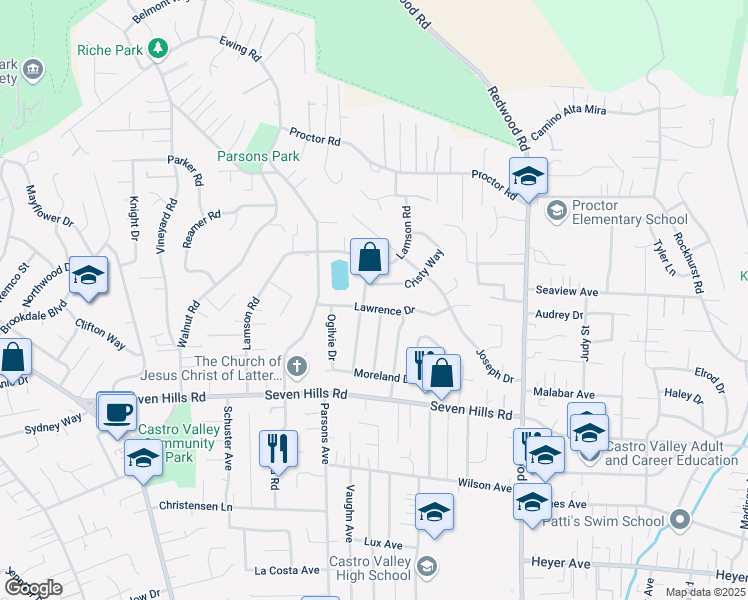map of restaurants, bars, coffee shops, grocery stores, and more near in Castro Valley