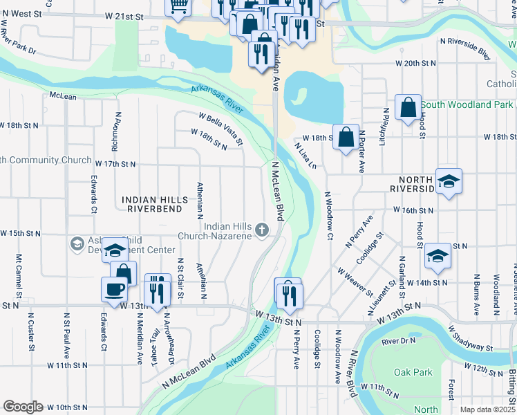 map of restaurants, bars, coffee shops, grocery stores, and more near 1616 North Charles Street in Wichita
