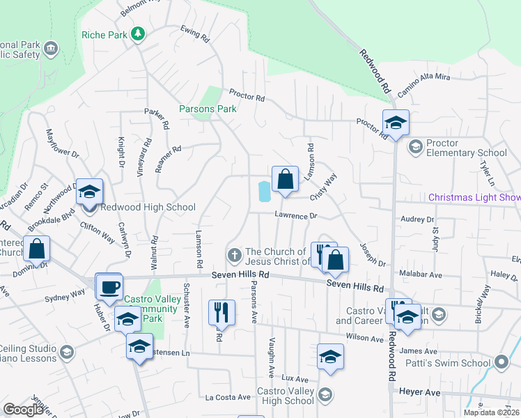 map of restaurants, bars, coffee shops, grocery stores, and more near 18402 Ogilvie Drive in Castro Valley