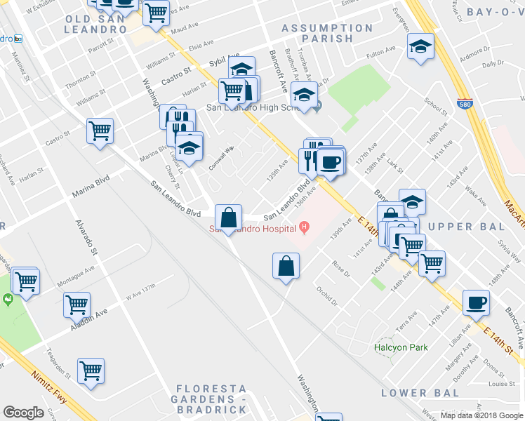map of restaurants, bars, coffee shops, grocery stores, and more near 2600 San Leandro Boulevard in San Leandro
