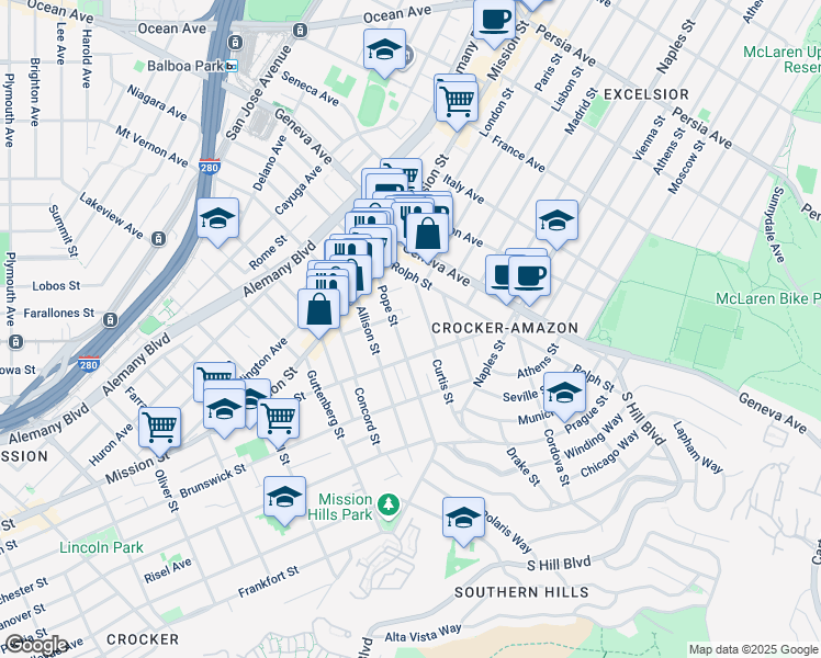 map of restaurants, bars, coffee shops, grocery stores, and more near 183 Pope Street in San Francisco
