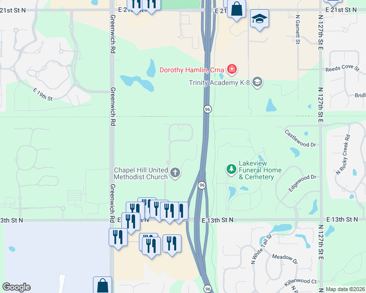 map of restaurants, bars, coffee shops, grocery stores, and more near 11711 North Chapel Hill Street in Wichita
