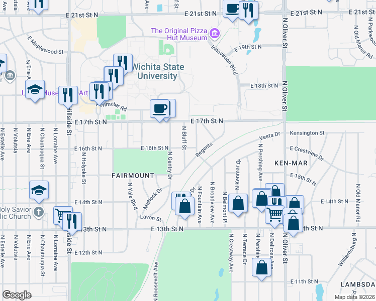 map of restaurants, bars, coffee shops, grocery stores, and more near 4030 Regents in Wichita