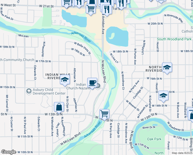 map of restaurants, bars, coffee shops, grocery stores, and more near 1616 North Charles Street in Wichita