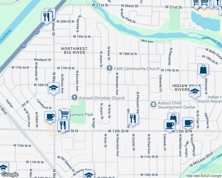 map of restaurants, bars, coffee shops, grocery stores, and more near 1624 North Gow Street in Wichita