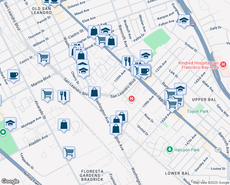 map of restaurants, bars, coffee shops, grocery stores, and more near 1154 Coburn Court in San Leandro
