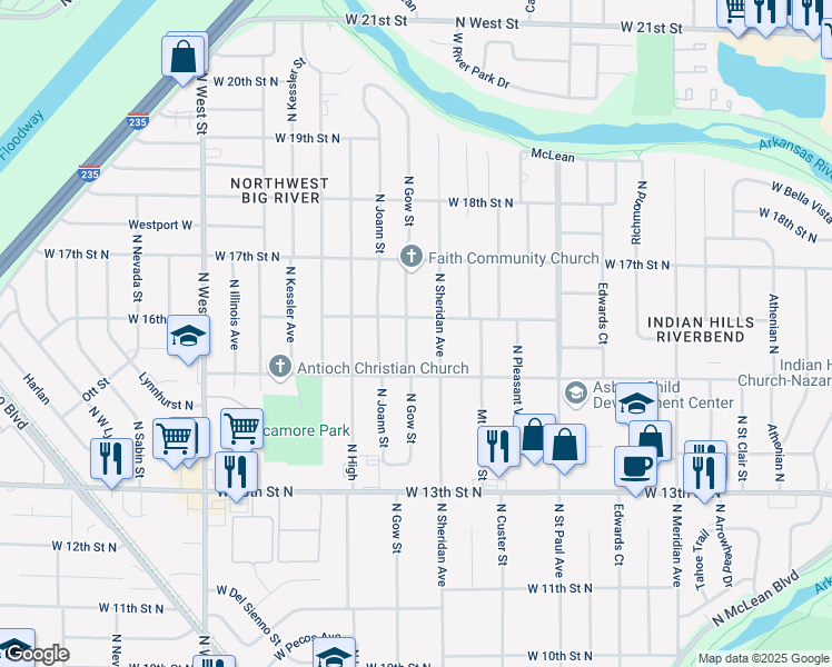 map of restaurants, bars, coffee shops, grocery stores, and more near 1624 North Gow Street in Wichita