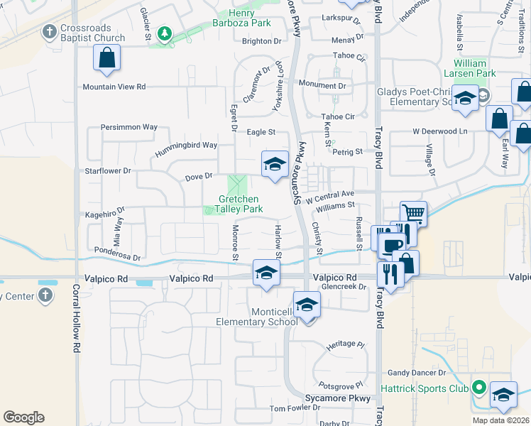 map of restaurants, bars, coffee shops, grocery stores, and more near 1307 Mansfield Street in Tracy