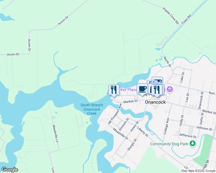 map of restaurants, bars, coffee shops, grocery stores, and more near 1 Market Street in Onancock